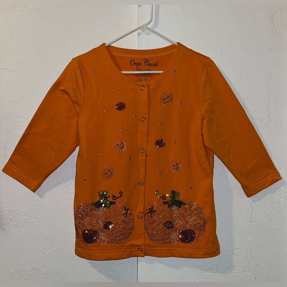 Onque Casuals Women’s Orange Cardigan with Sparkly Pumpkin 🎃 Embellishments